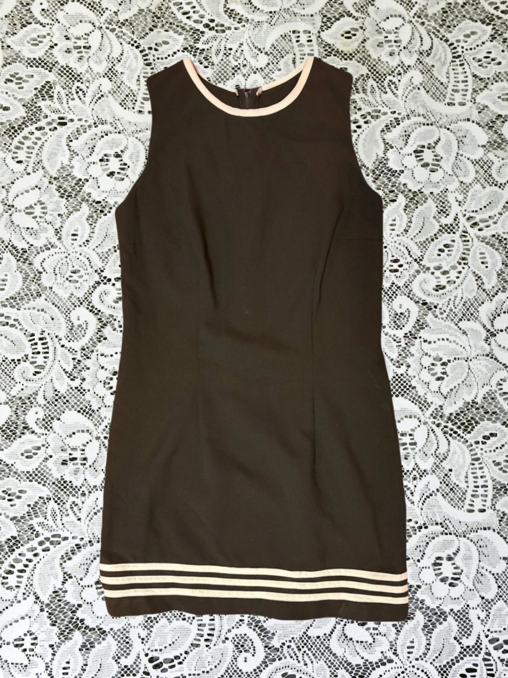 Vintage Classic Black Sheath Dress with White Stripe Hem